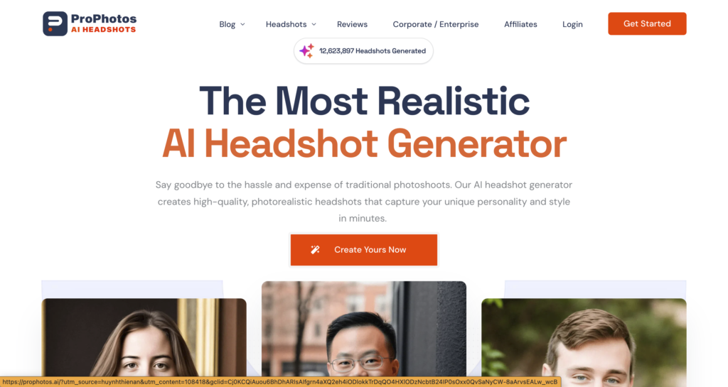 ProPhotos AI Headshots homepage showcasing customizable, high-quality AI-generated headshots with professional results, tailored outfits, and backgrounds for users.